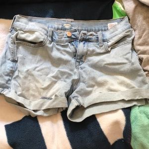 Pale blue jean shorts.
